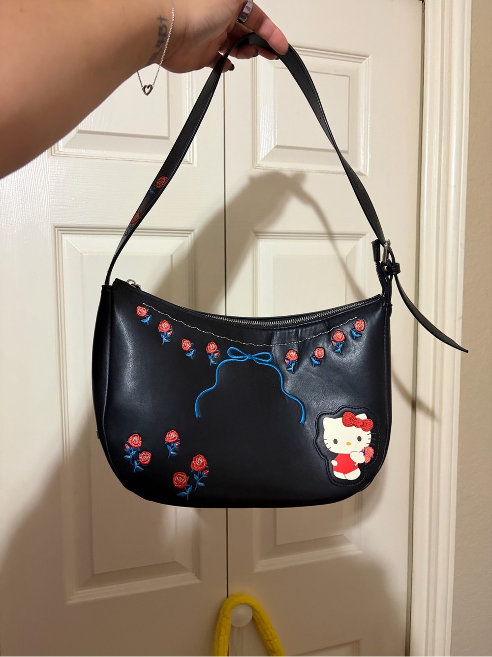 Hello Kitty Black Leather Shoulder Bag with Rose Embroidery